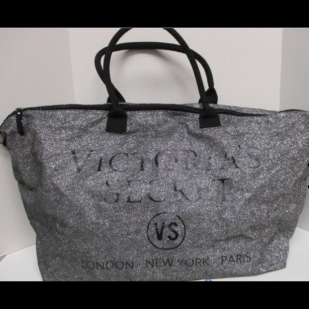 NWOT Victoria's Secret Black/Silver Metallic Large Duffle Bag